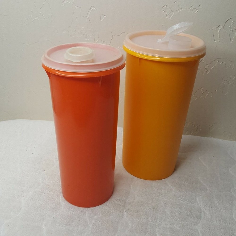Lot of 2 VTG Tupperware Round Storage Containers w Lids Yellow Orange 8.5" Tall